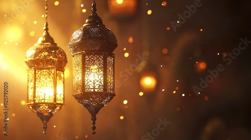 Traditional Ornate Lanterns with Warm Glow. Ideal for themes related to Ramadan, Middle Eastern decor, or festive celebrations. photo