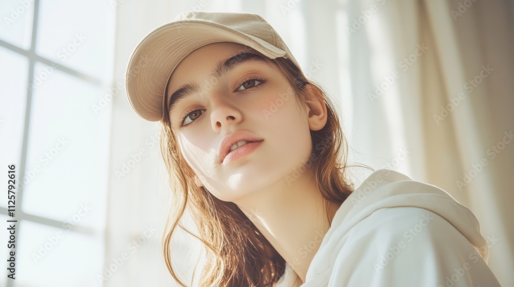 A low angle portrait shot of a young person with a neutral expression, wearing a beige baseball cap and a white hoodie, in a softly lit minimalist indoor setting A low angle portrait shot of a young person with a neutral expression, wearing a beige baseball cap and a white hoodie, in a softly lit minimalist indoor setting