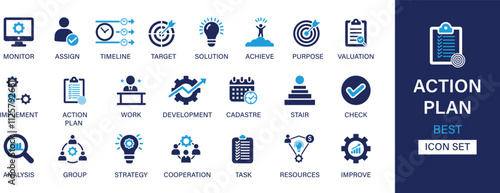Action plan best solid icon set collection. Monitor, assign, timeline, target, solution, achieve, purpose, valuation, group and vector illustration.