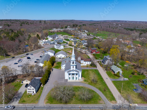 Unitarian Congregational of Mendon and Uxbridge Church aerial view at 13 Maple Street in historic town center of Mendon, Massachusetts MA, USA.  photo