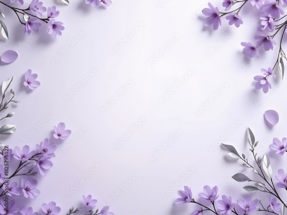 A pastel lavender base with delicate violet blossoms and silver leaves. A pastel lavender base with delicate violet blossoms and silver leaves.