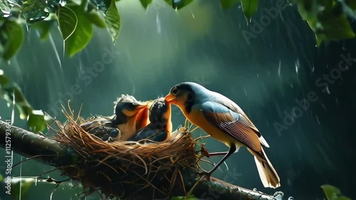 A yellow-billed stork perched in a nest surrounded by green foliage, with its striking white feathers, black wings, and vibrant yellow beak, representing the beauty of wildlife and nature photo