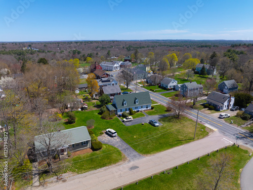 Historic residential houses aerial view on Main Street in historic town center of Mendon, Massachusetts MA, USA.  photo