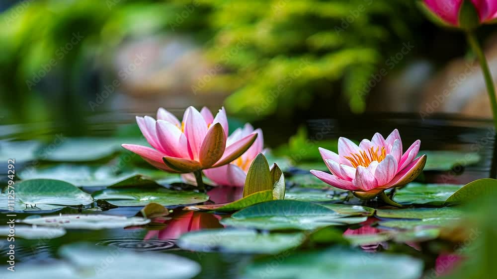 Serene pond with blooming pink water lilies and vibrant green lily pads, nature's tranquility. Zen garden and relaxation concept Serene pond with blooming pink water lilies and vibrant green lily pads, nature's tranquility. Zen garden and relaxation concept