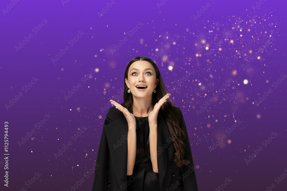 Christmas woman, in surprise with gifts, on purple background, with place for text. Christmas woman, in surprise with gifts, on purple background, with place for text.