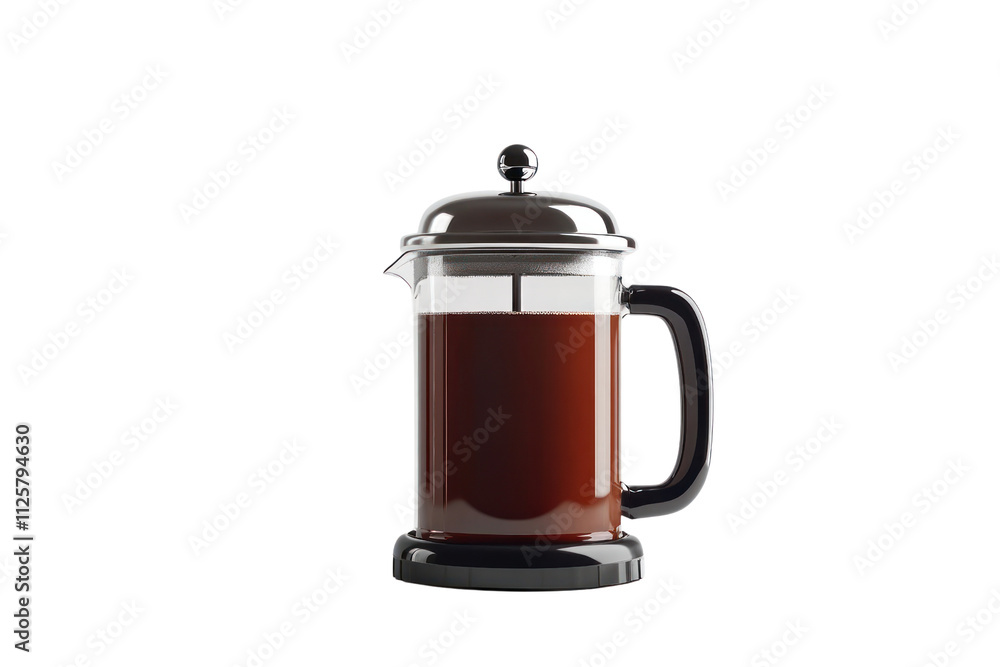 French press coffee maker filled with freshly brewed coffee, isolated on a white background. French press coffee maker filled with freshly brewed coffee, isolated on a white background.