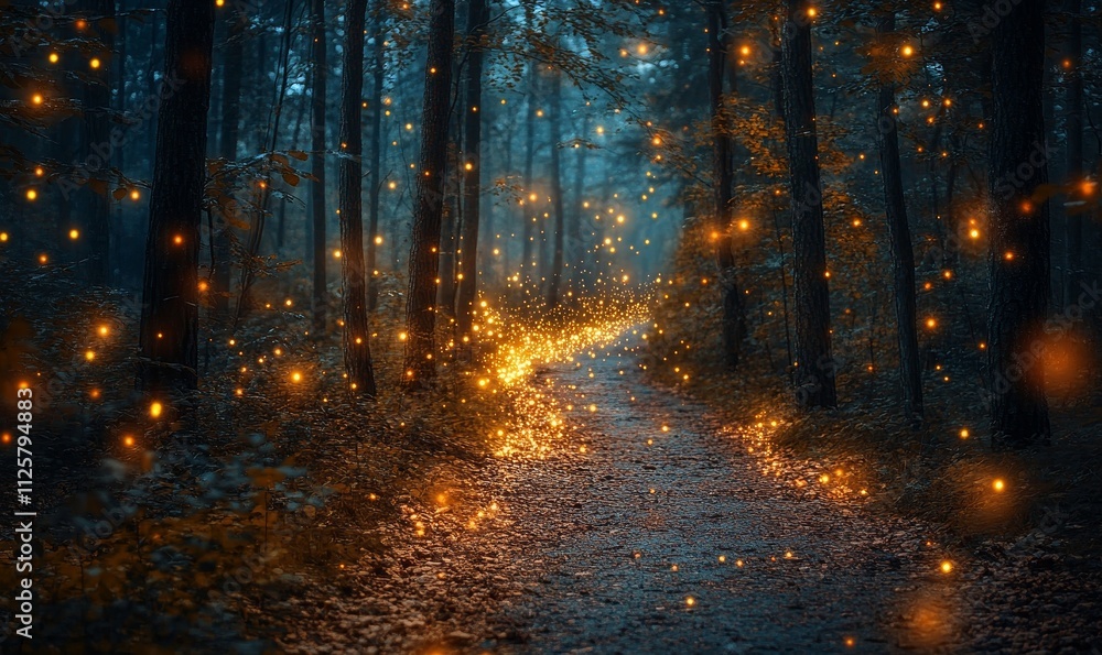 Obraz premium Dark forest pathway illuminated by shining fireflies, Generative AI