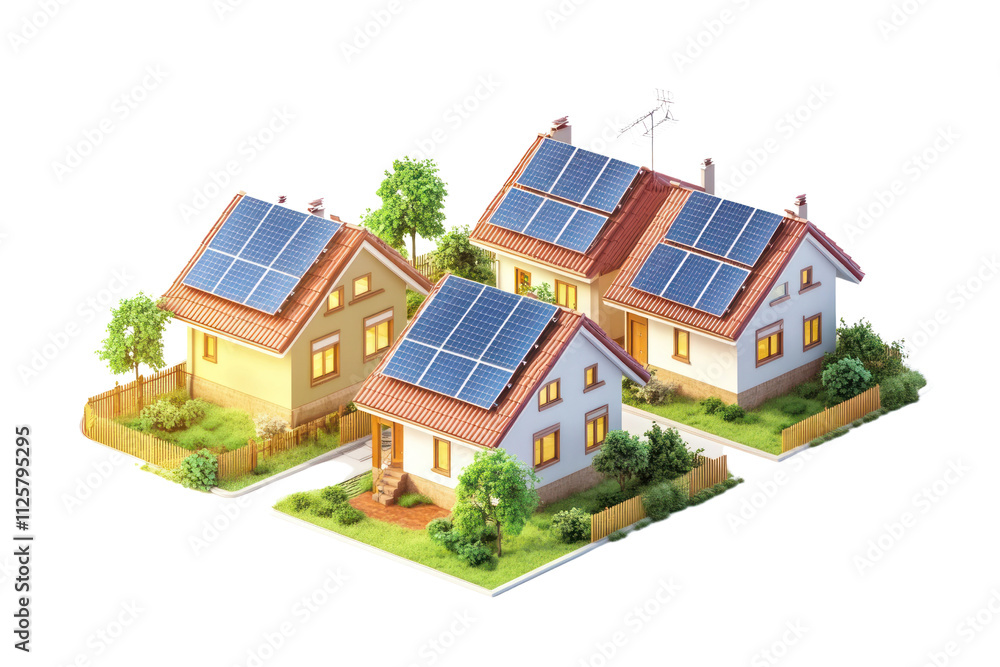 Illustration of eco-friendly houses with solar panels, surrounded by greenery, on a white isolated background. Illustration of eco-friendly houses with solar panels, surrounded by greenery, on a white isolated background.