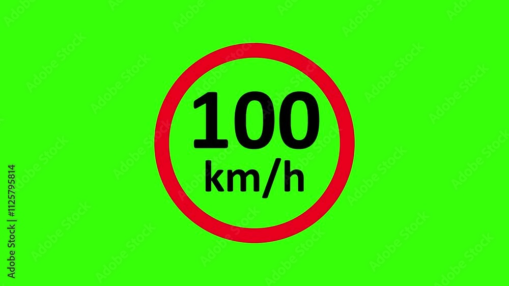 100 km/h speed limit sign on green screen, road icon animation 100 km/h speed limit sign on green screen, road icon animation