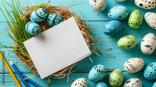 Top view of an empty wooden table, surrounded by few easter element items, creating a minimal Easter atmosphere