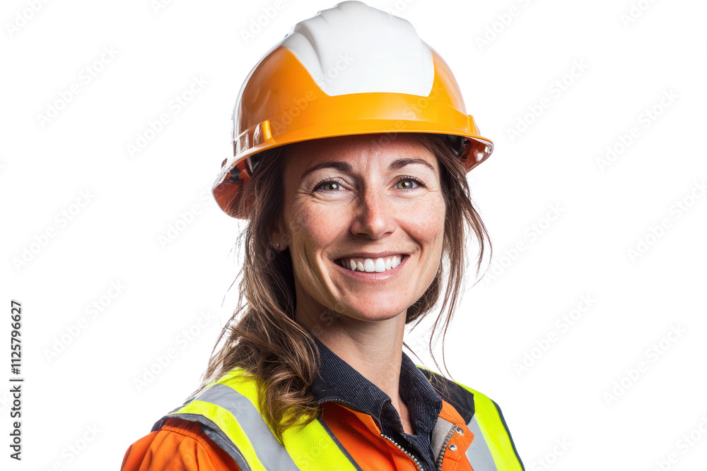 Smiling construction worker wearing a hard hat and safety vest, isolated on a white background. Smiling construction worker wearing a hard hat and safety vest, isolated on a white background.