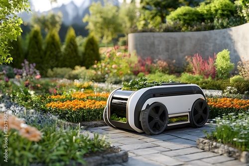 A futuristic robot tending to a vibrant garden filled with flowers and greenery.