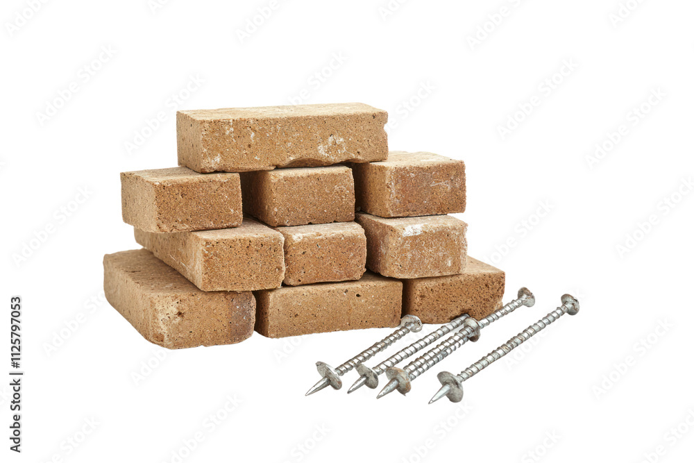 Stack of brown bricks with metal screws on a white background. Stack of brown bricks with metal screws on a white background.