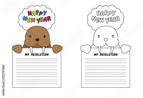 New Year Writing Resolution Craft Activity for Kids Animal Set Walrus