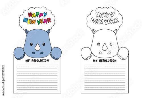 New Year Writing Resolution Craft Activity for Kids Animal Set Rhinoceros