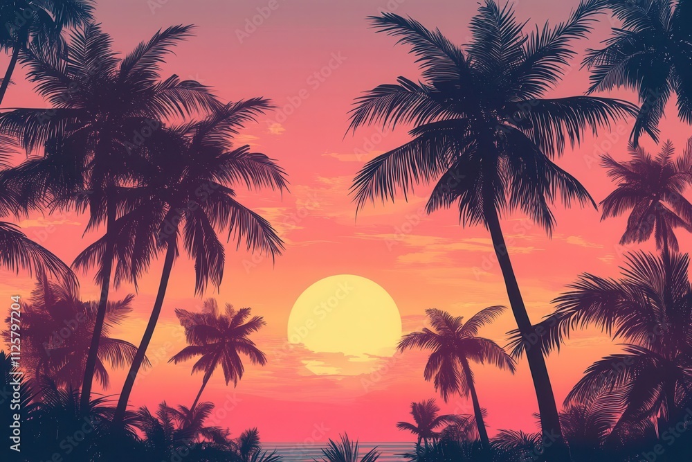 Obraz premium A vibrant sunset over a tropical landscape with silhouetted palm trees.