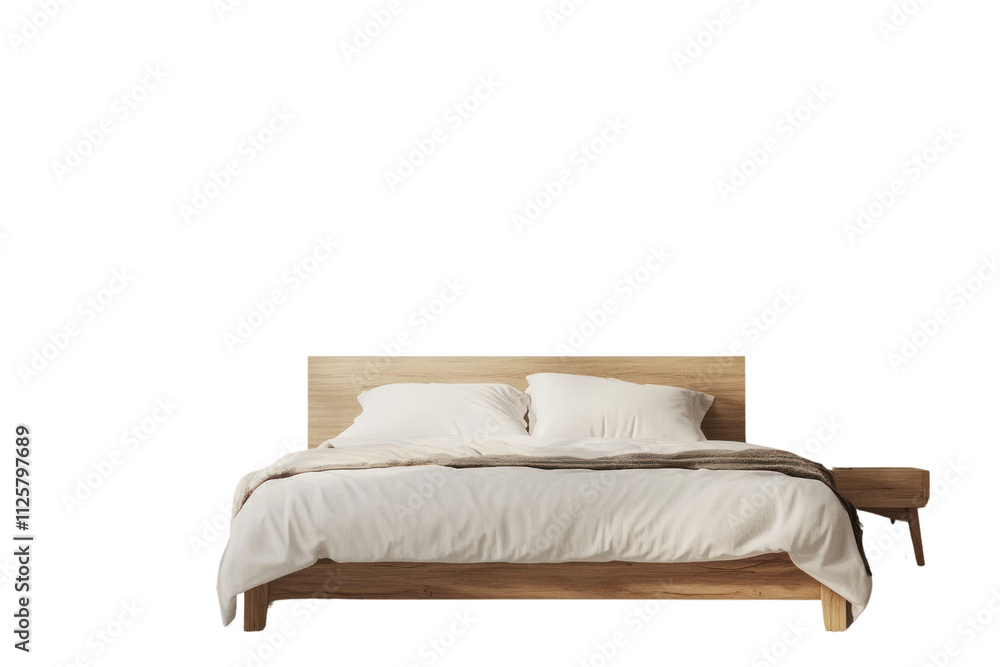 Stylish wooden bed with soft white bedding, isolated on white background. Stylish wooden bed with soft white bedding, isolated on white background.