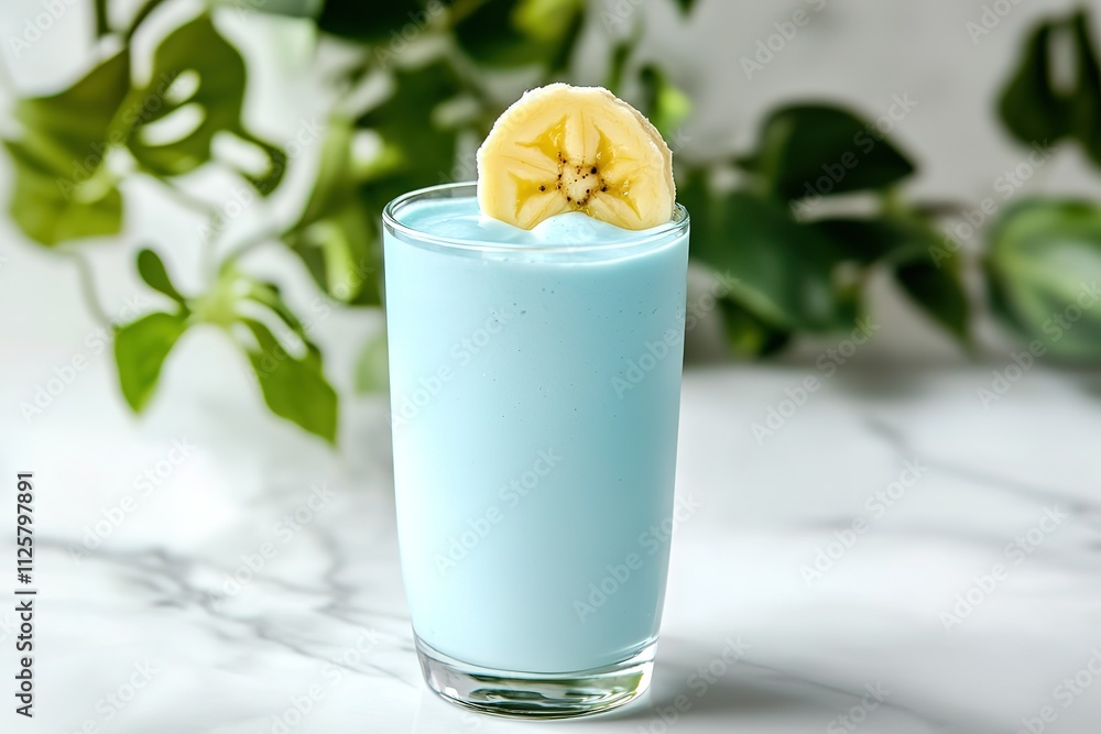 A glass of blue liquid with a banana slice on top A glass of blue liquid with a banana slice on top