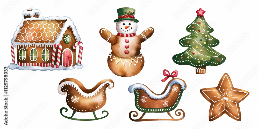 Fototapeta premium Watercolor Christmas Gingerbread Cookies House Snowman Tree Sleigh Star