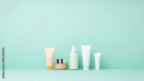 Wallpaper Mural Display of Various Skincare Products on a Mint Green Background in Minimalistic Style for Wellness and Beauty Related Themes Torontodigital.ca
