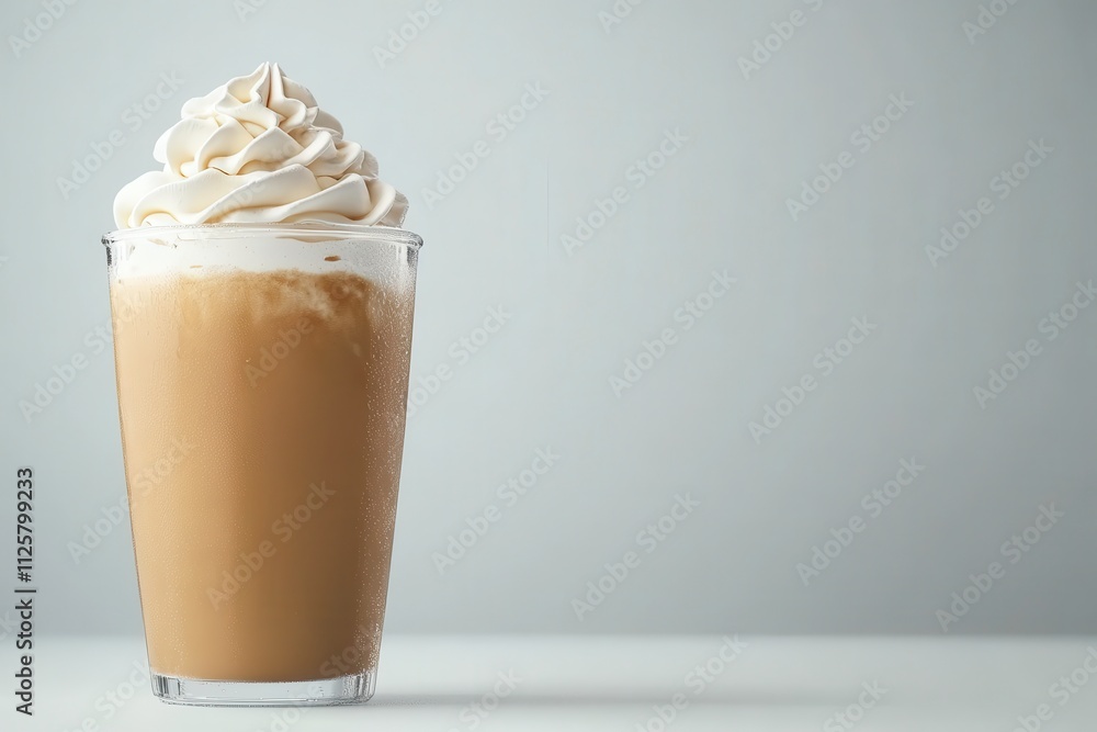 Refreshing Coffee Beverage with Whipped Cream Topping in a Clear Glass on Minimalistic Background for Relaxation and Indulgence Moments Refreshing Coffee Beverage with Whipped Cream Topping in a Clear Glass on Minimalistic Background for Relaxation and Indulgence Moments