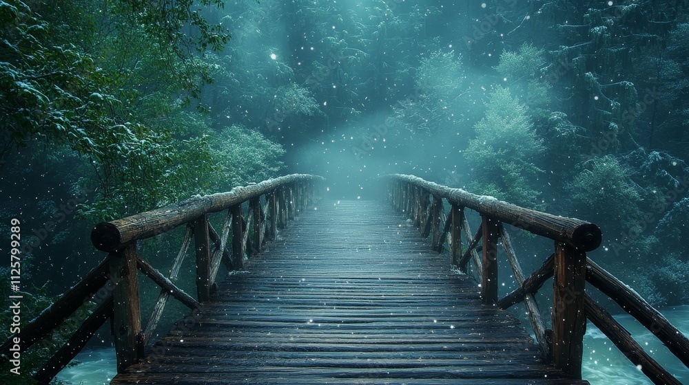 Fototapeta premium An old wooden bridge disappearing into deep fog, with one side surrounded by green foliage and the other icy with snowflakes drifting in the air, creating a magical and mysterious winter landscape.