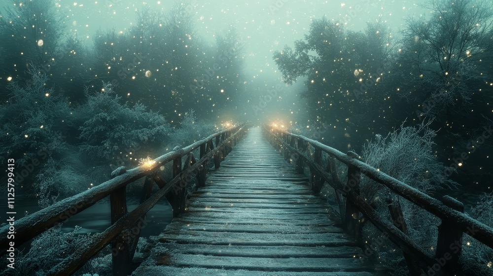 Fototapeta premium An old wooden bridge disappearing into deep fog, with one side surrounded by green foliage and the other icy with snowflakes drifting in the air, creating a magical and mysterious winter landscape.