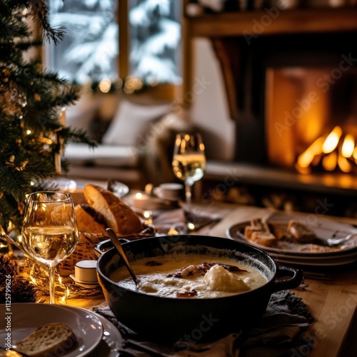 Cozy winter dining scene featuring a warm soup dish, festive decorations, and glowing candles, perfect for embracing holiday gatherings and seasonal cheer photo