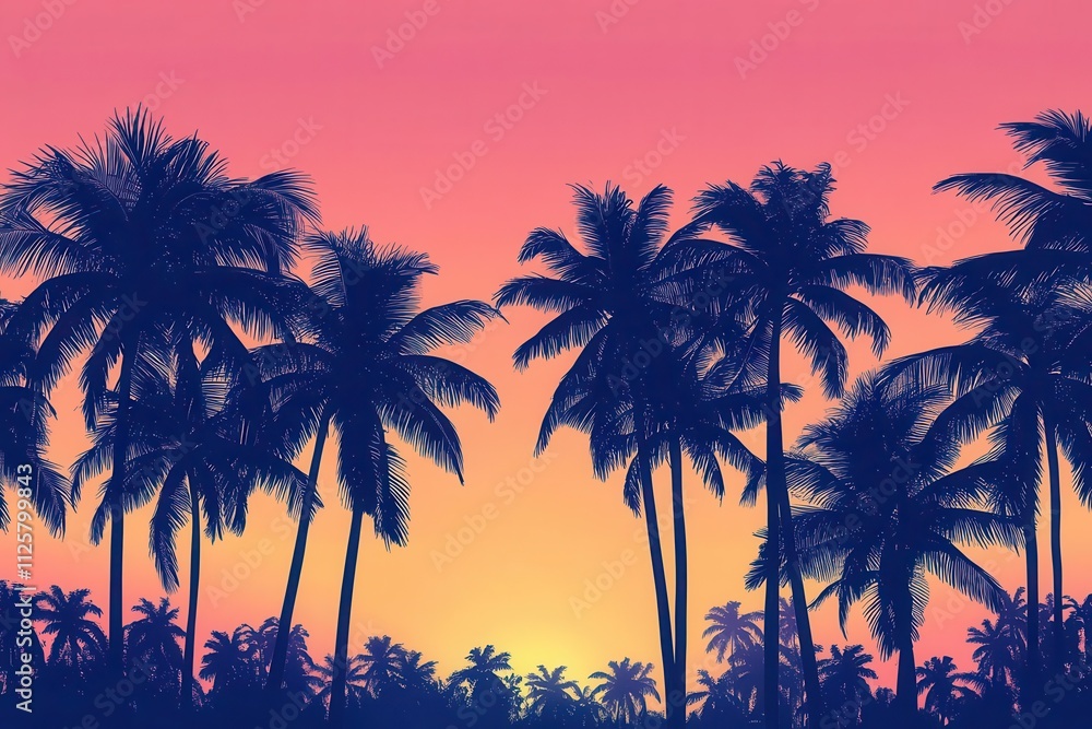 Obraz premium A vibrant sunset silhouette of palm trees against a colorful sky.