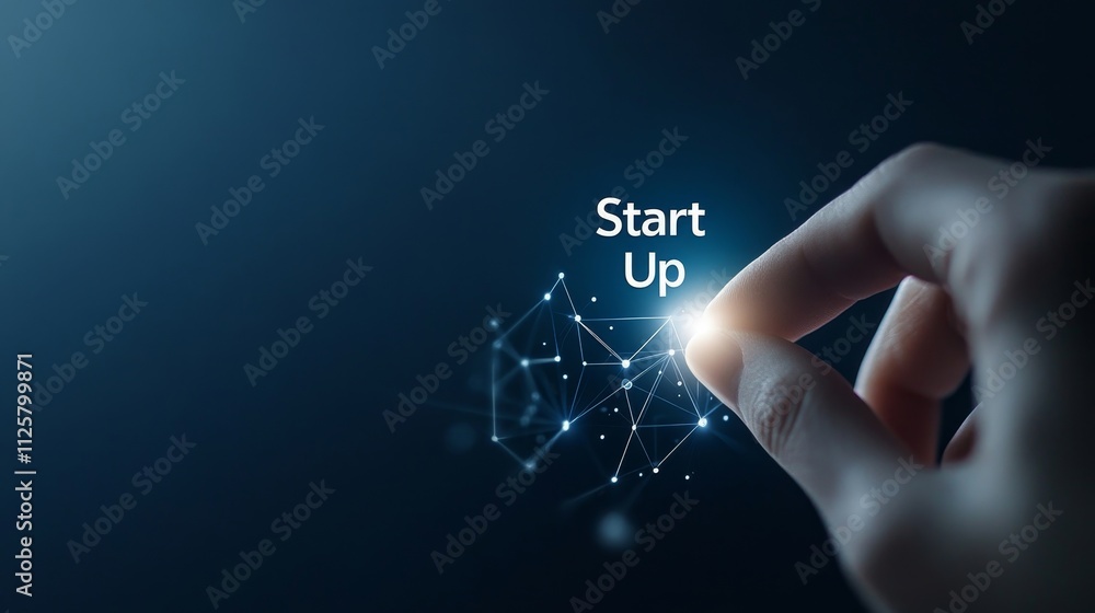 Fototapeta premium Digital hand touching abstract network for startup concept with glowing connections and modern technology on dark background