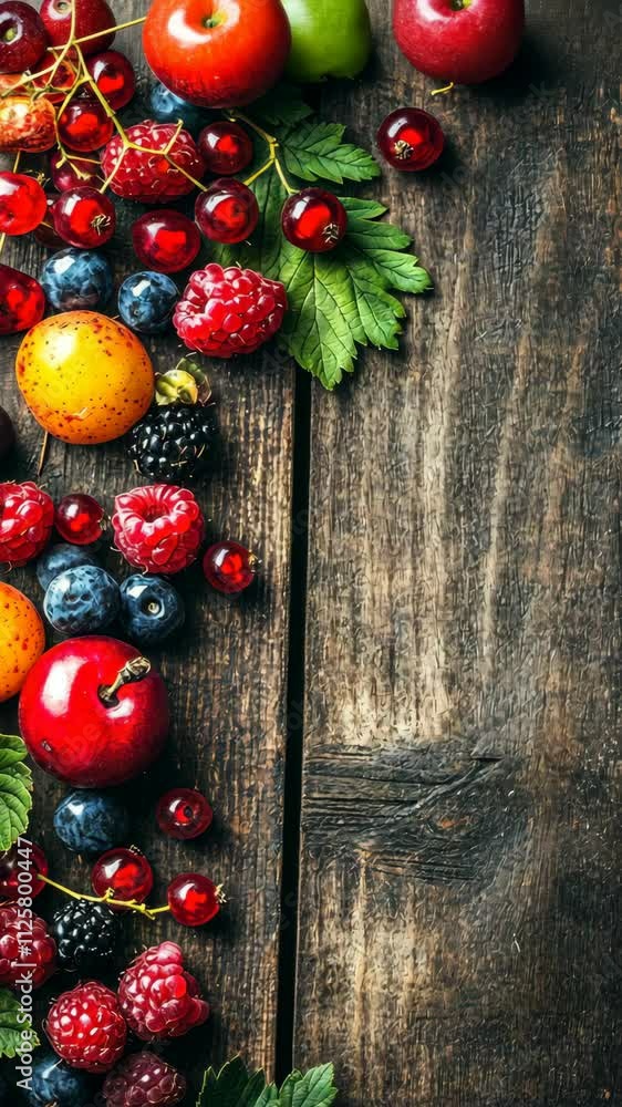 Fresh assortment of berries and apples arranged on rustic wooden background during daylight Fresh assortment of berries and apples arranged on rustic wooden background during daylight