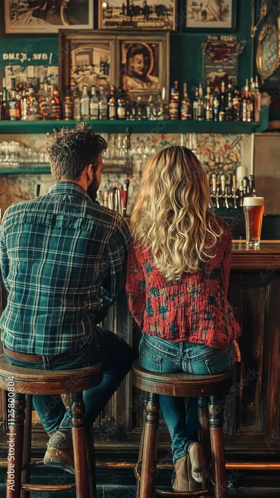Couple enjoying craft beer at a rustic bar in the evening glow of a lively brewery atmosphere Couple enjoying craft beer at a rustic bar in the evening glow of a lively brewery atmosphere