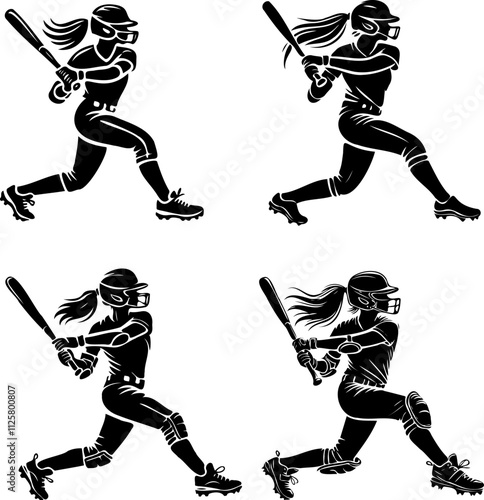 softball player female silhouette batter Concept. Four dynamic silhouettes of a female softball player hitting a ball.