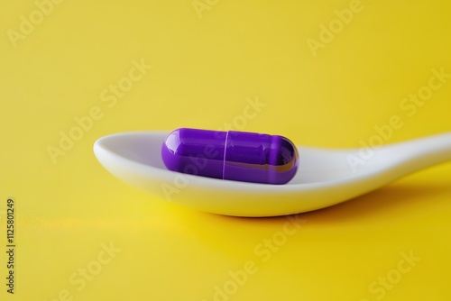 A purple pill is sitting on a spoon on a yellow surface photo