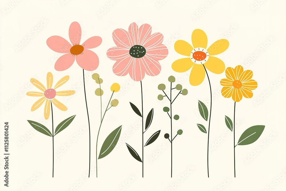 Obraz premium A row of flowers with a yellow flower in the middle