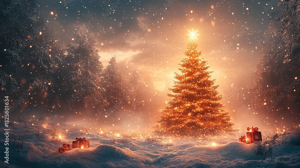Enchanting Christmas Tree in a Snowy Night Landscape: Shiny Star and Gift Boxes Amidst a Winter Forest Enchanting Christmas Tree in a Snowy Night Landscape: Shiny Star and Gift Boxes Amidst a Winter Forest