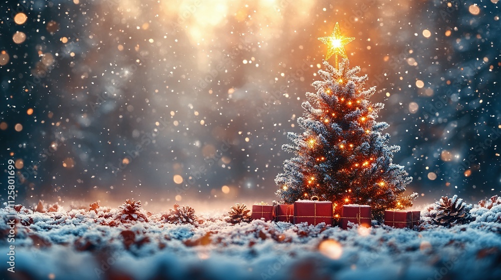 Enchanting Christmas Tree in a Snowy Night Landscape: Shiny Star and Gift Boxes Amidst a Winter Forest Enchanting Christmas Tree in a Snowy Night Landscape: Shiny Star and Gift Boxes Amidst a Winter Forest