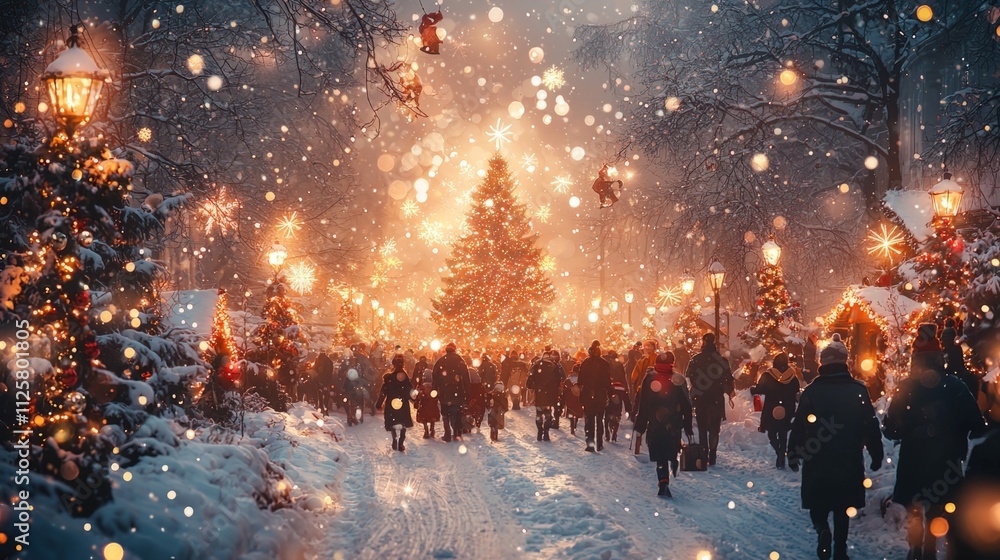 A background blending Christmas and New Years elements: Snowy scene with fireworks, Christmas tree with glittering baubles. A background blending Christmas and New Years elements: Snowy scene with fireworks, Christmas tree with glittering baubles.
