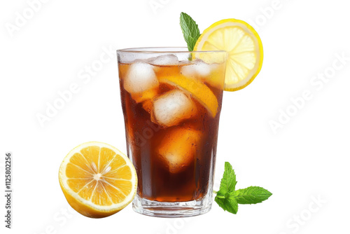 Refreshing glass of iced tea with lemon and mint leaves PNG image on transparent background for beverage- summer- and drink menu designs