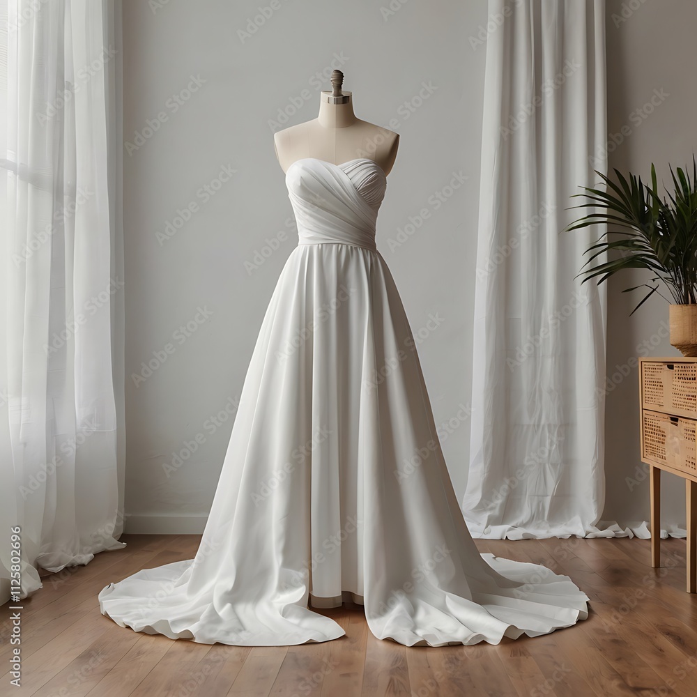 Fototapeta premium Minimalist Strapless Wedding Dress Mockup On A Mannequin, Surrounded By Soft White Curtains