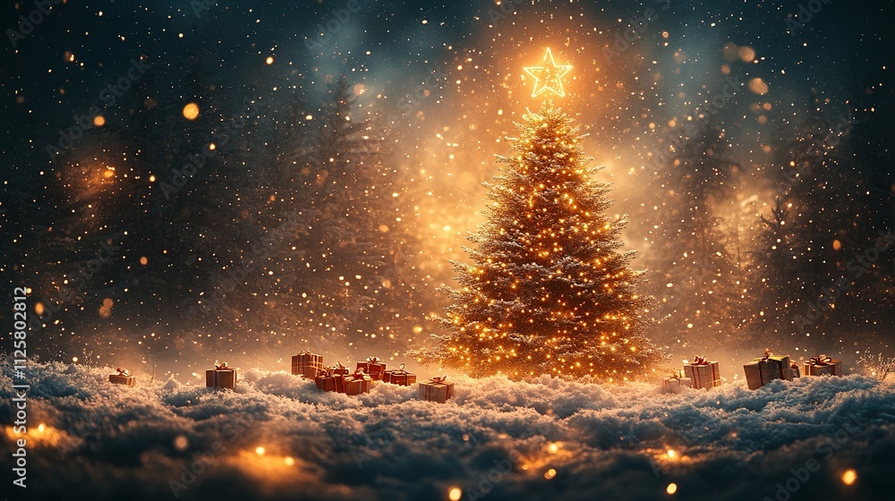 Abstract Winter Landscape: Christmas Tree on Snow with Glimmering Star and Gift Boxes in the Forest Abstract Winter Landscape: Christmas Tree on Snow with Glimmering Star and Gift Boxes in the Forest