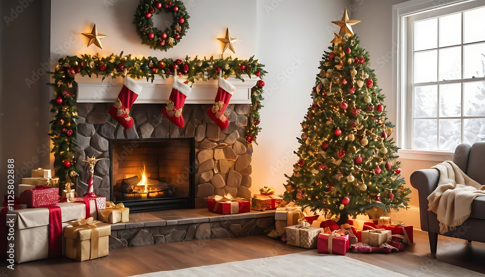 A classical Christmas home interior with a stone fireplace surrounded by Christmas tree, present, stockings ready for festive A classical Christmas home interior with a stone fireplace surrounded by Christmas tree, present, stockings ready for festive