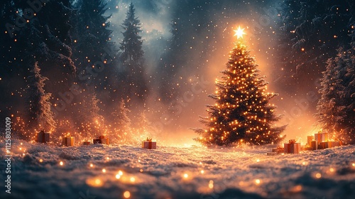 Abstract Winter Landscape: Christmas Tree on Snow with Glimmering Star and Gift Boxes in the Forest