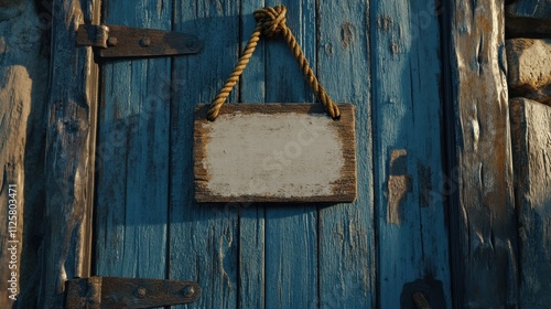 A low angle shot of a weathered wooden door with a blank vintage sign hanging by a thick rope, surrounded by peeling blue paint and rustic details, emphasizing the texture and aged charm