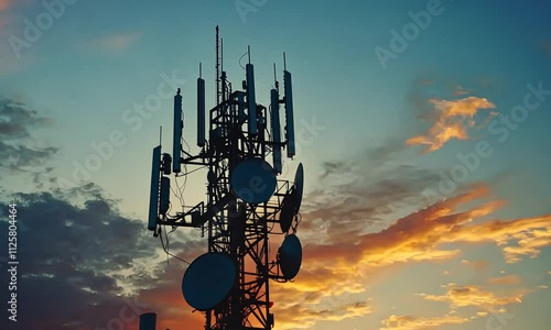 A telecommunications tower silhouetted against a vibrant sunset, showcasing antennas and satellite dishes used for communication purposes.