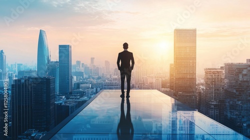 A person standing on a rooftop overlooking a city, symbolizing the view from the top of a successful career.