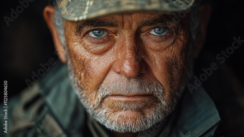 Portrait of a war veteran, emphasizing the lasting effects of conflict on individuals. (Focus on subtle signs of trauma)