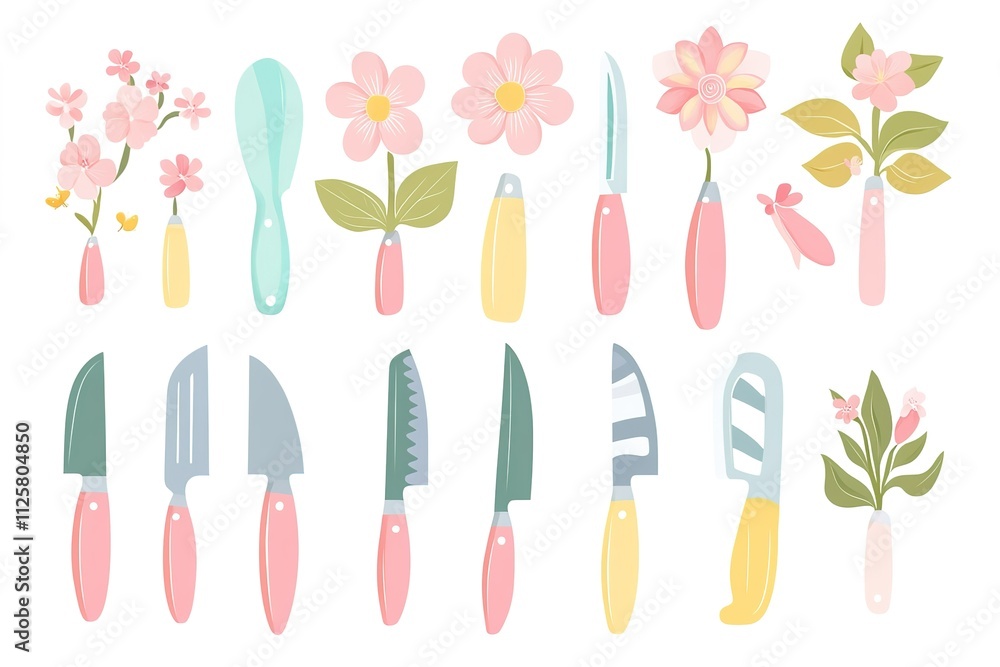 A collection of kitchen utensils, including knives and spoons A collection of kitchen utensils, including knives and spoons