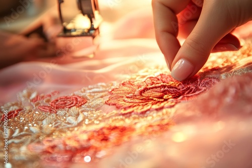 Intricate Hand Embroidery Process on Pink Fabric Featuring Vibrant Floral Designs and Soft Lighting, Capturing the Art of Needlework and Textile Craftsmanship