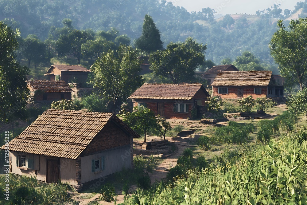 A serene village landscape with traditional houses surrounded by greenery and hills. A serene village landscape with traditional houses surrounded by greenery and hills.